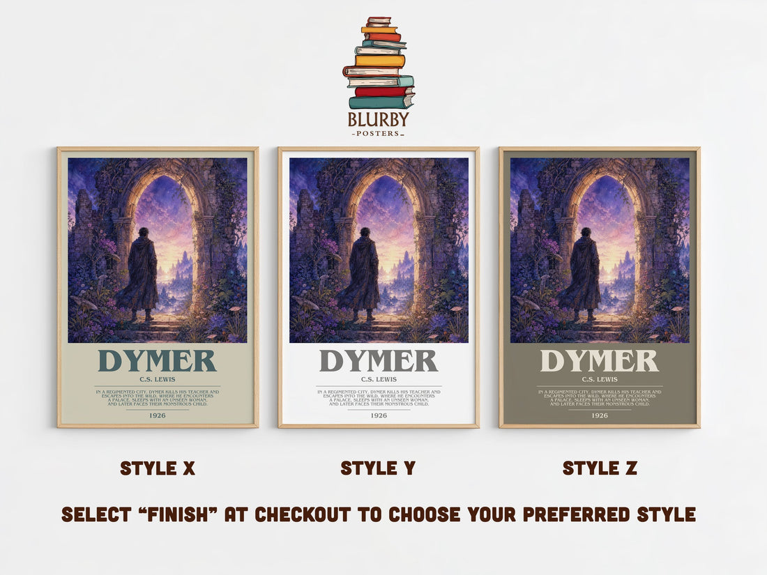 Dymer bookish print in frame leaning in hallway – poetry wall art (mockup)