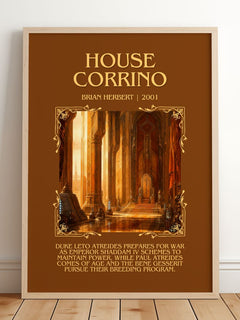 House Corrino Minimalist Book Poster by Brian Herbert – framed print leaning on a wooden floor