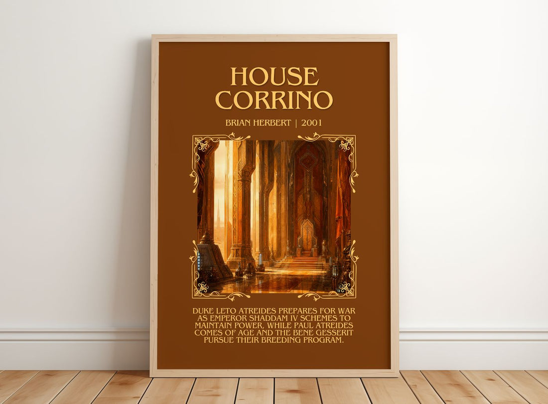 House Corrino Minimalist Book Poster by Brian Herbert – framed print leaning on a wooden floor