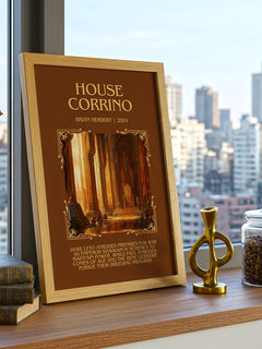 House Corrino Minimalist Book Poster by Brian Herbert – framed print on a city-view windowsill