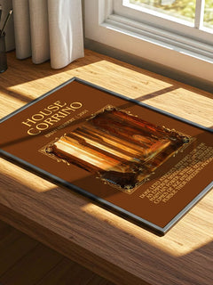 House Corrino Minimalist Book Poster by Brian Herbert – print on a sunlit desk