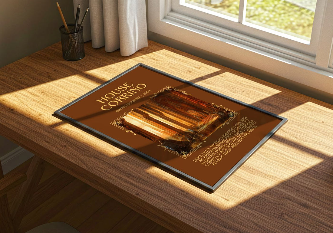 House Corrino Minimalist Book Poster by Brian Herbert – print on a sunlit desk