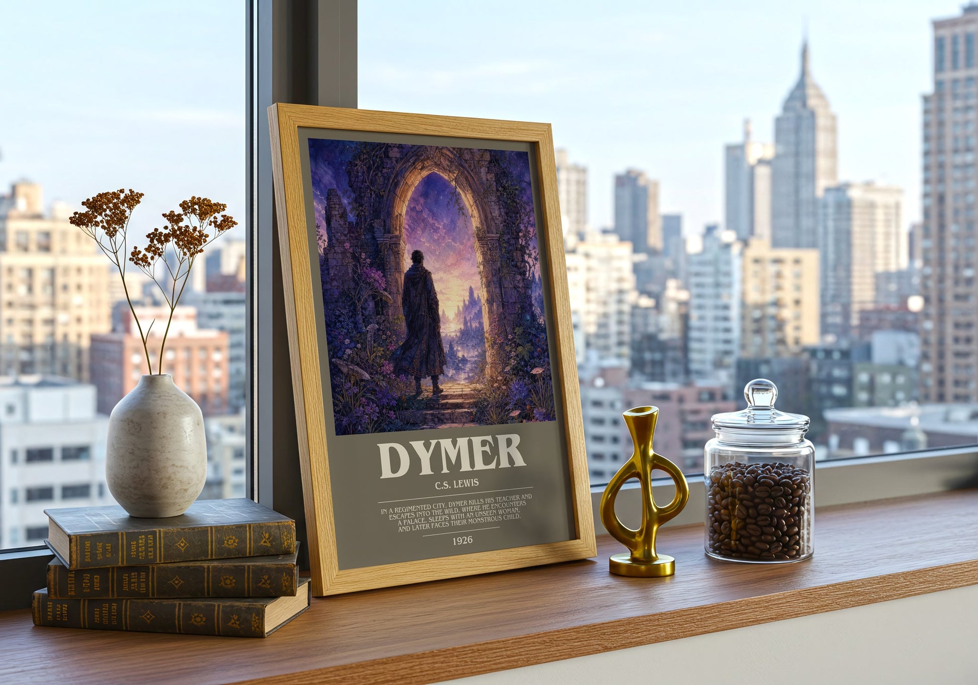 Dymer bookish print framed by window – literary home decor