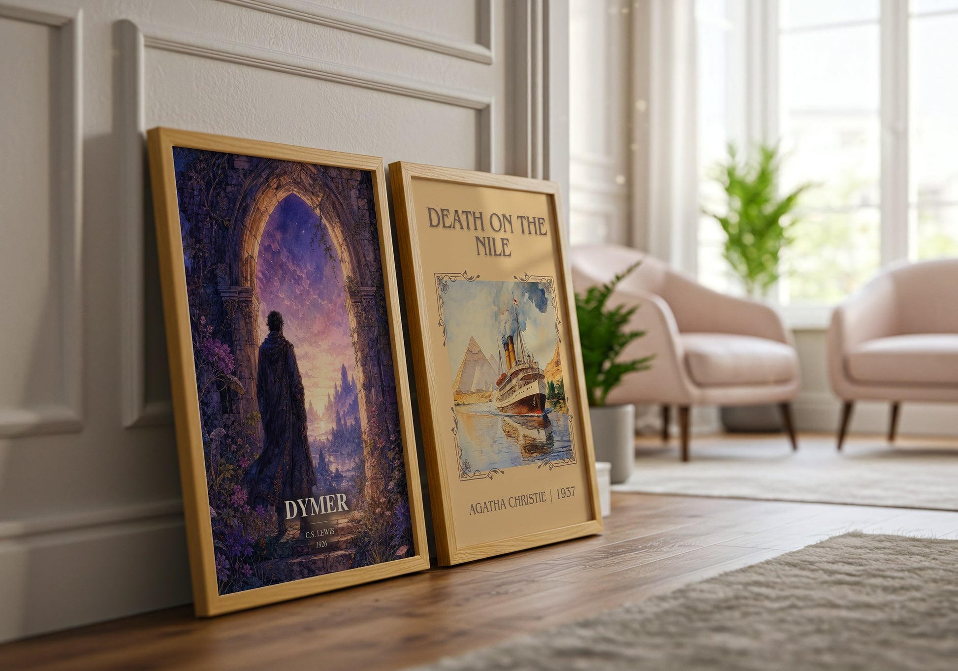 Dymer watercolour print framed by window – literary home decor