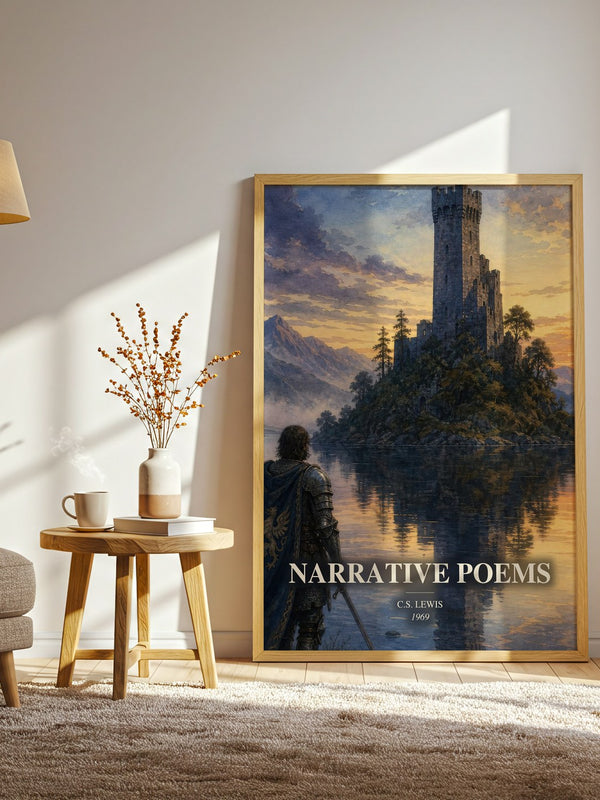 Narrative Poems watercolour print in frame leaning in hallway – poetry wall art