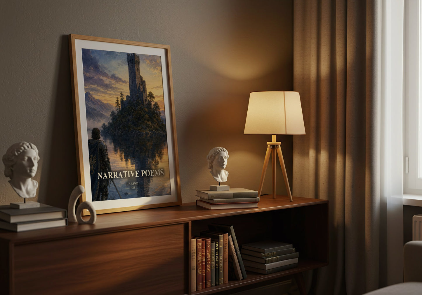 Narrative Poems watercolour print on bookshelf – C.S. Lewis fan gift