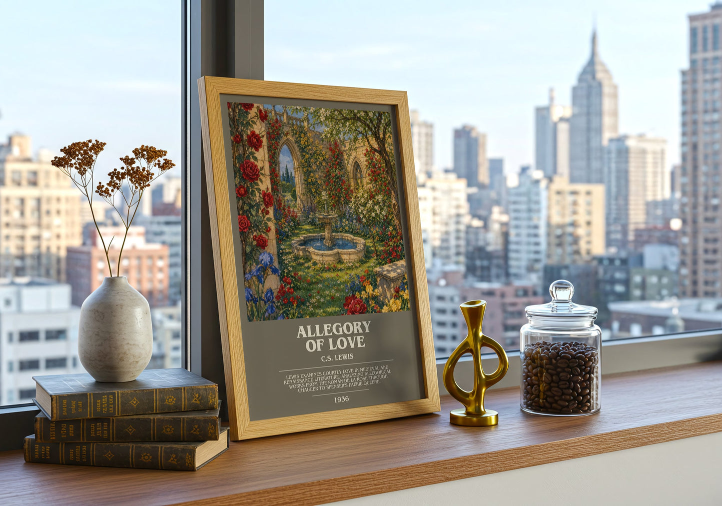 Allegory Of Love bookish print framed by window – literary home decor