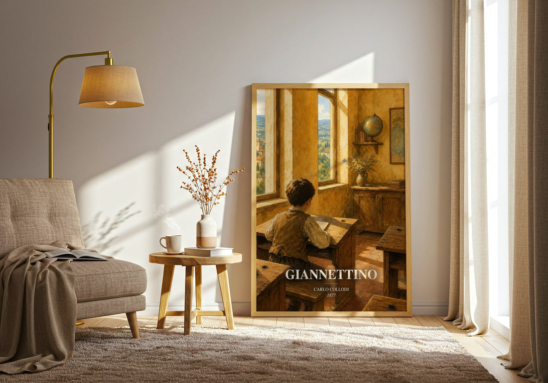 Giannettino watercolour print in frame leaning in hallway – childrens wall art (mockup)