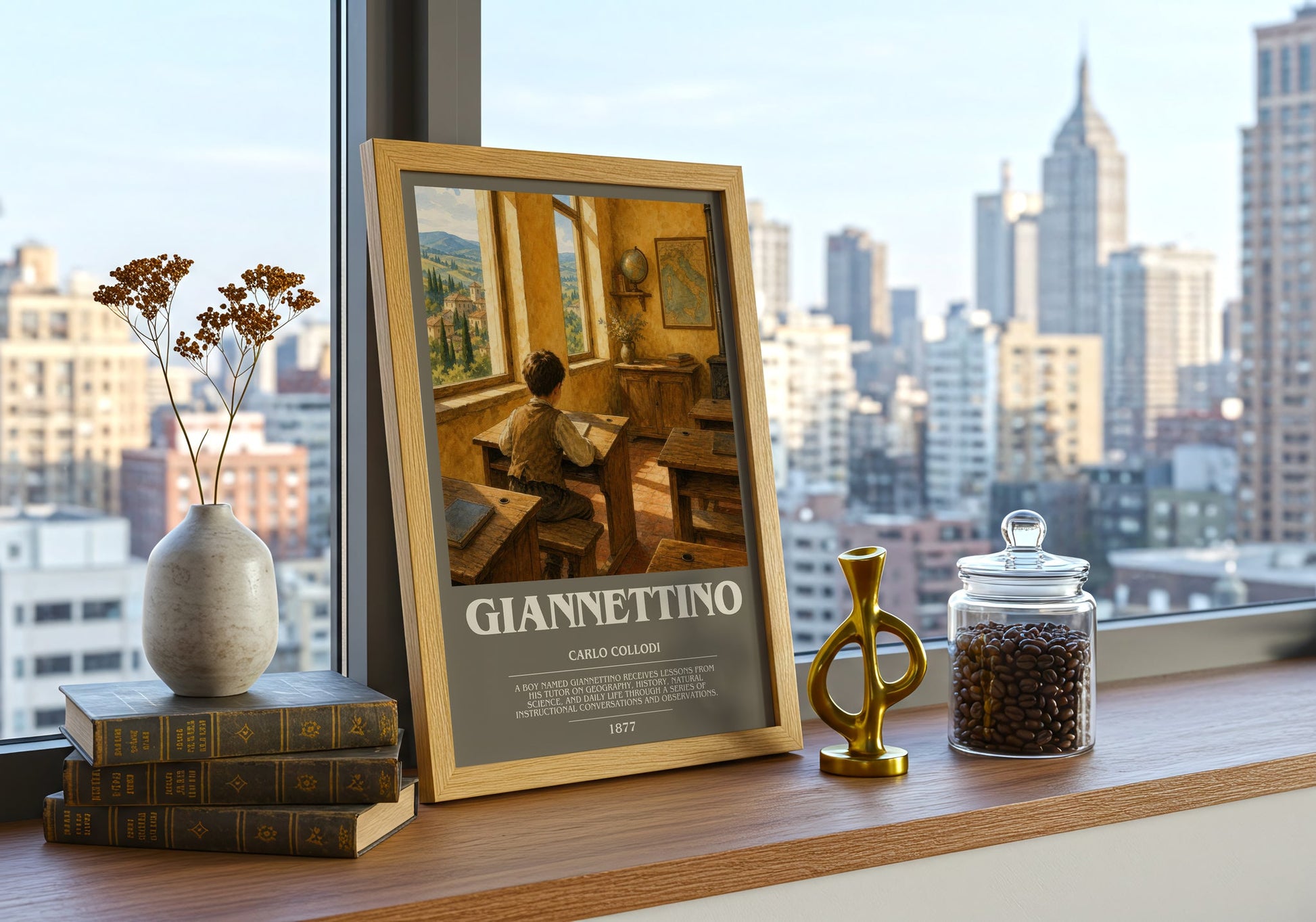 Giannettino bookish print framed by window – literary home decor