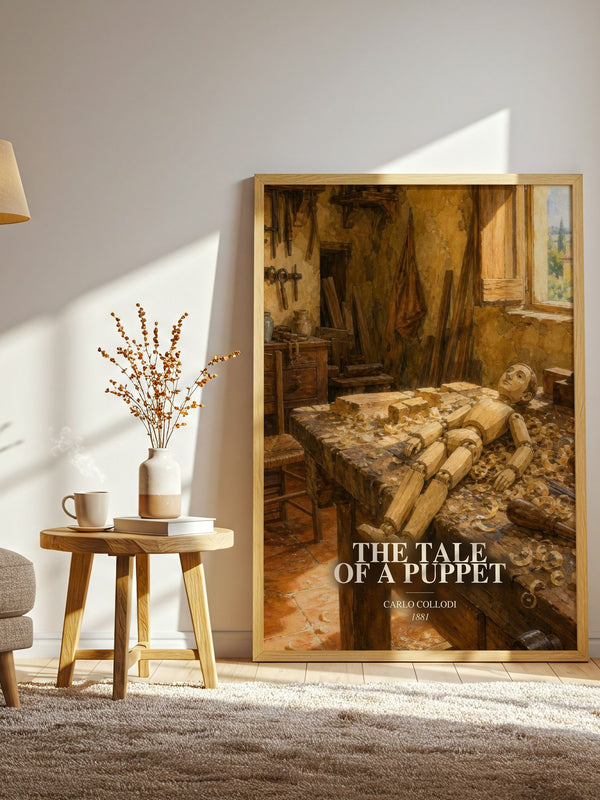 The Tale Of A Puppet watercolour print in frame leaning in hallway – childrens wall art