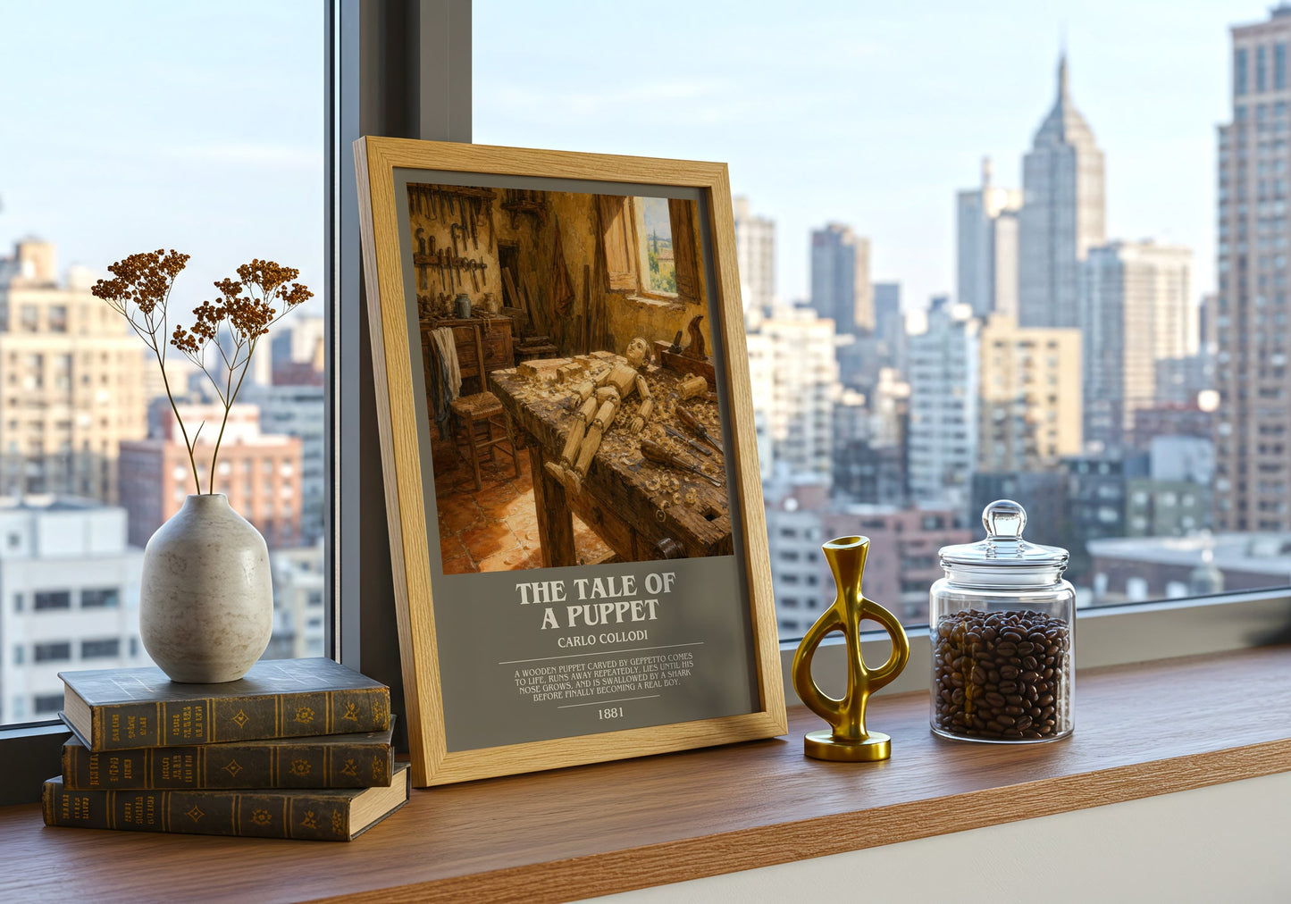The Tale Of A Puppet bookish print framed by window – literary home decor