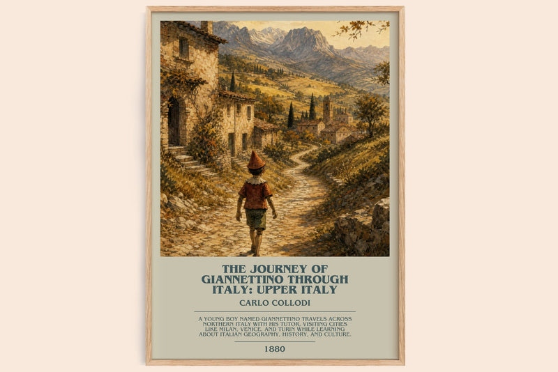 The Journey Of Giannettino Through Italy: Upper Italy bookish book poster by Carlo Collodi – framed literary art print