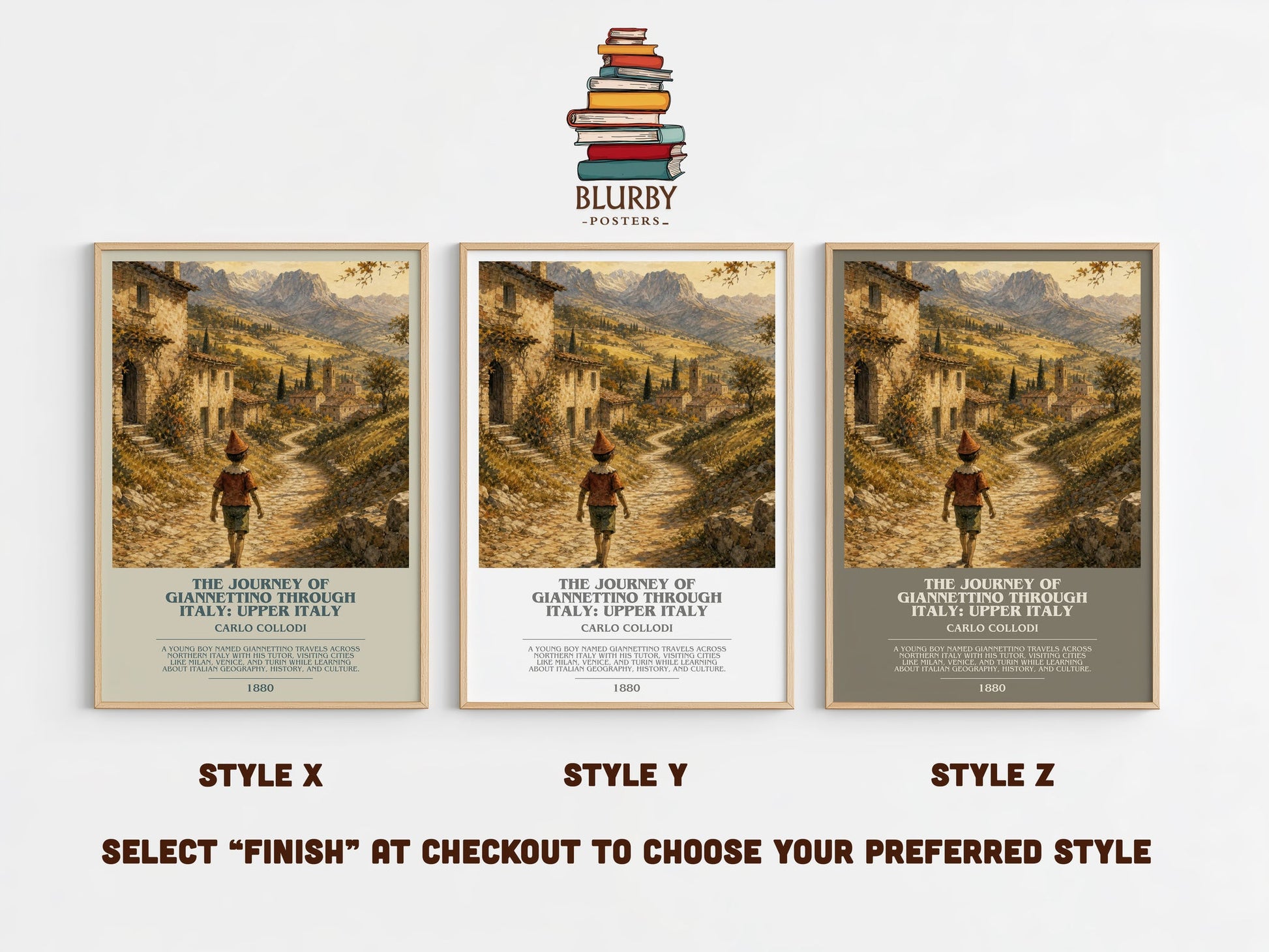 The Journey Of Giannettino Through Italy: Upper Italy bookish print in frame leaning in hallway – childrens wall art