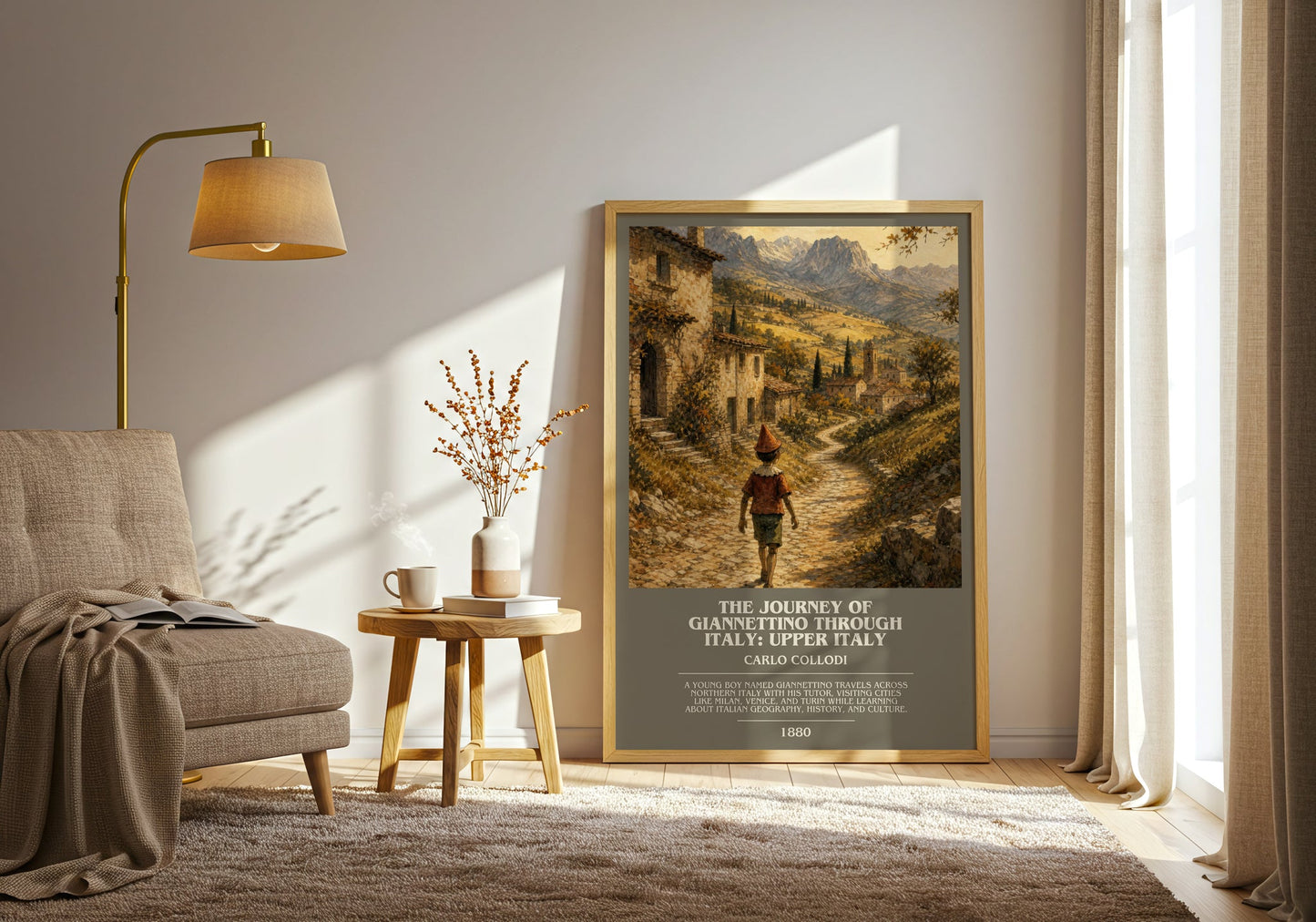 The Journey Of Giannettino Through Italy: Upper Italy bookish print on bookshelf – Carlo Collodi fan gift