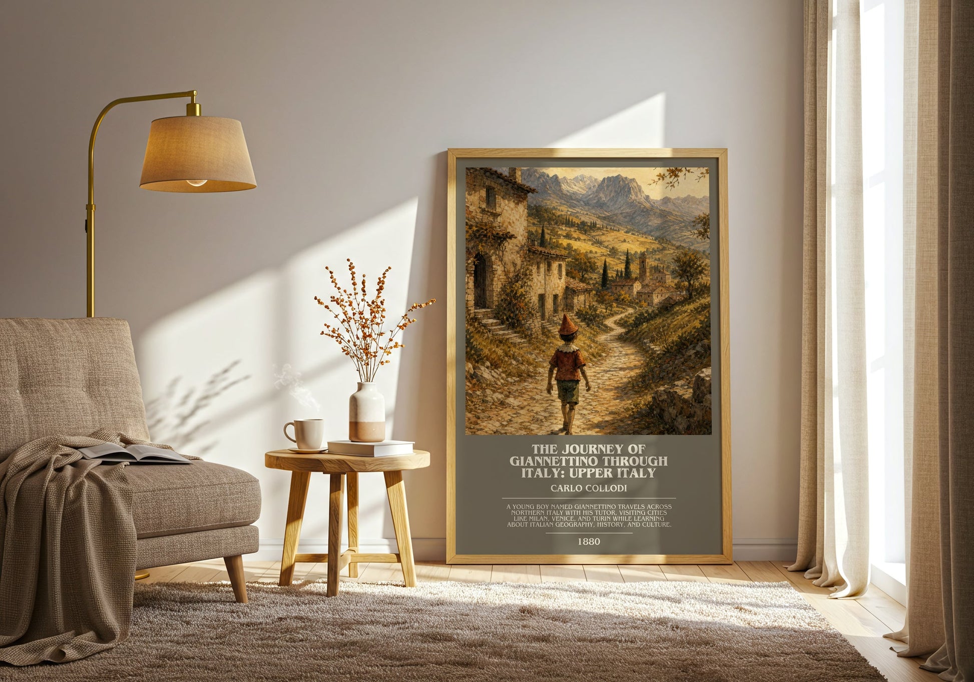 The Journey Of Giannettino Through Italy: Upper Italy bookish print on bookshelf – Carlo Collodi fan gift
