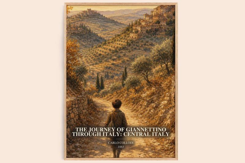 The Journey Of Giannettino Through Italy: Central Italy watercolour book poster by Carlo Collodi – framed literary art print
