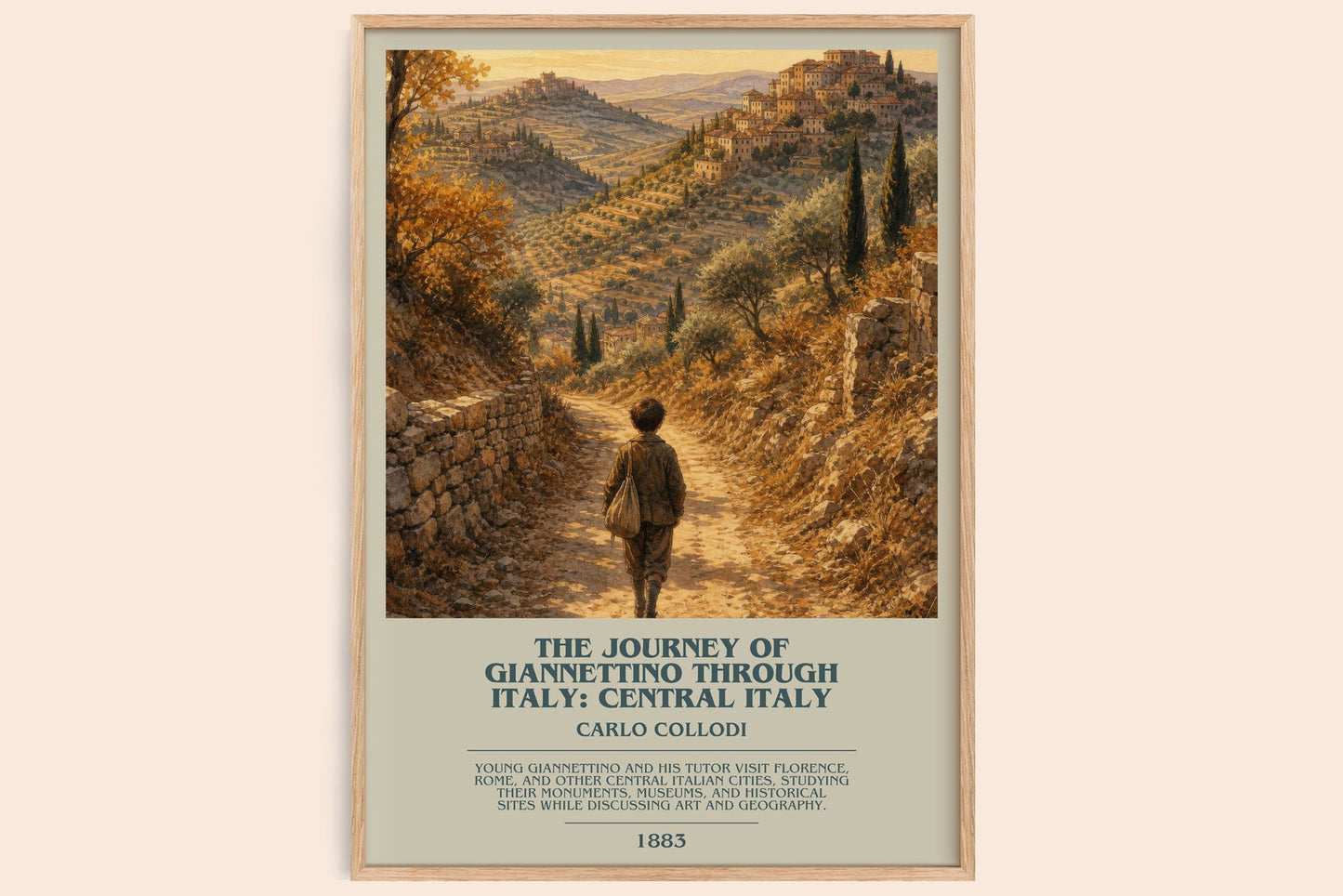 The Journey Of Giannettino Through Italy: Central Italy bookish book poster by Carlo Collodi – framed literary art print