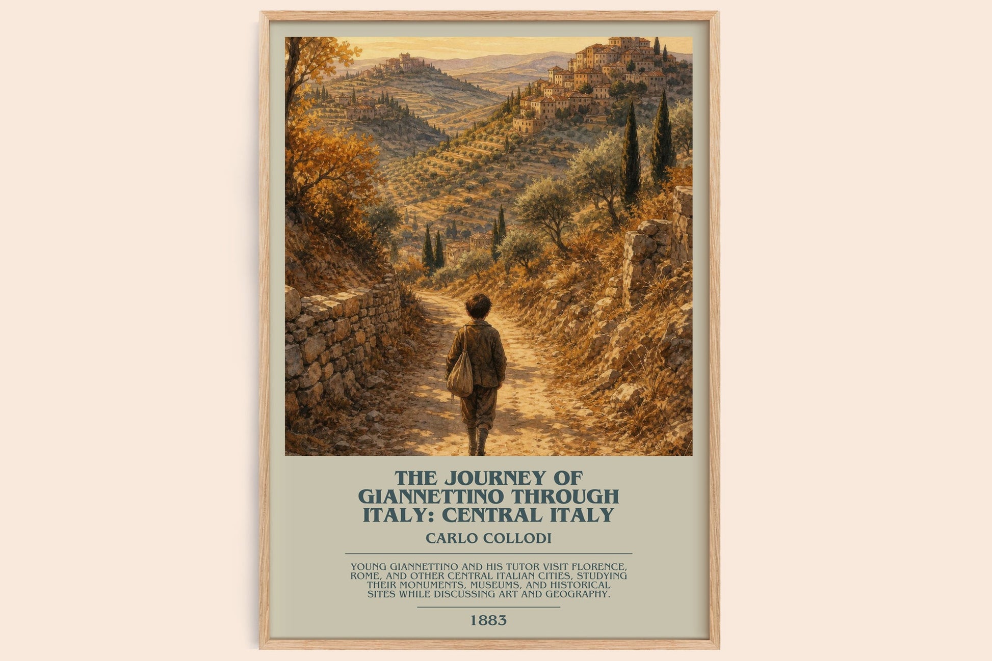 The Journey Of Giannettino Through Italy: Central Italy bookish book poster by Carlo Collodi – framed literary art print