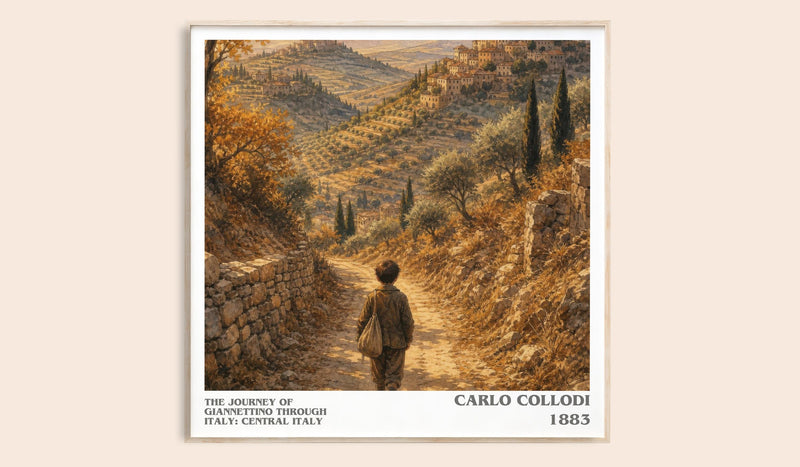 The Journey Of Giannettino Through Italy: Central Italy literary book poster by Carlo Collodi – framed literary art print