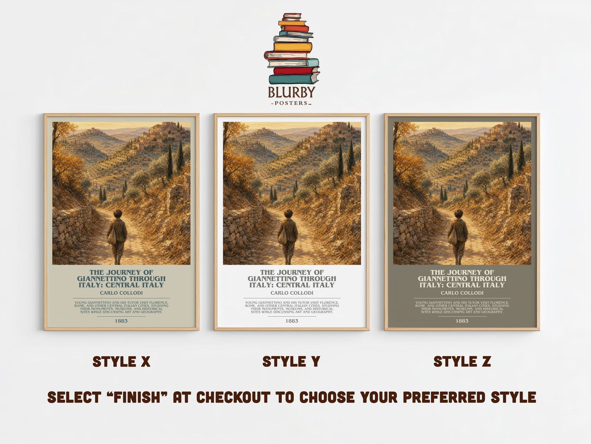 The Journey Of Giannettino Through Italy: Central Italy bookish print in frame leaning in hallway – childrens wall art
