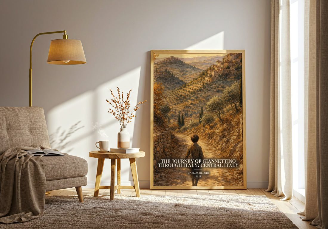 The Journey Of Giannettino Through Italy: Central Italy watercolour print in frame leaning in hallway – childrens wall art (mockup)