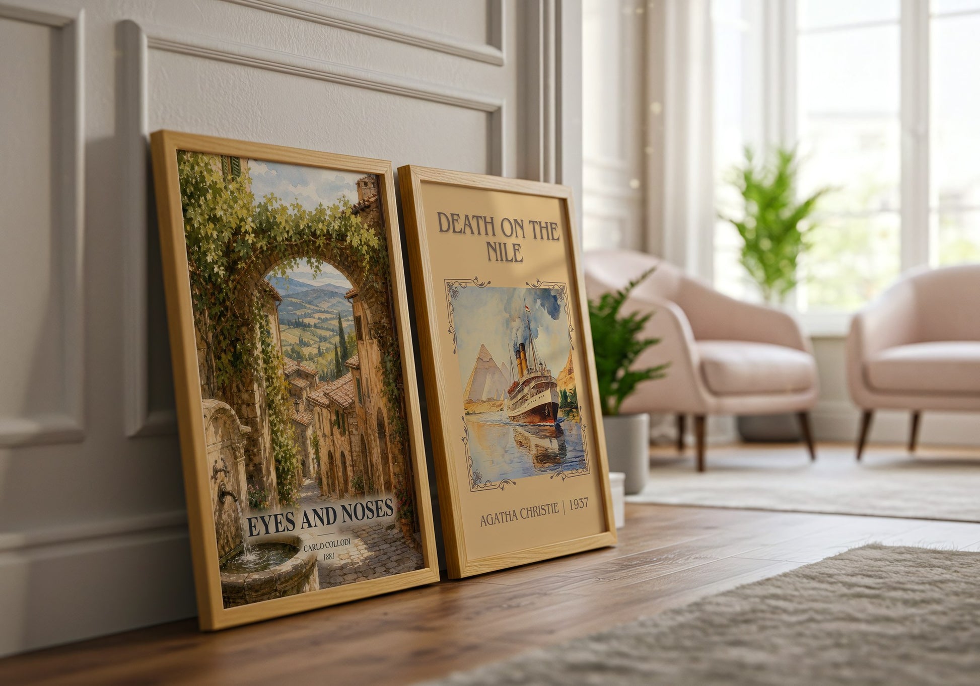 Eyes And Noses watercolour print framed by window – literary home decor