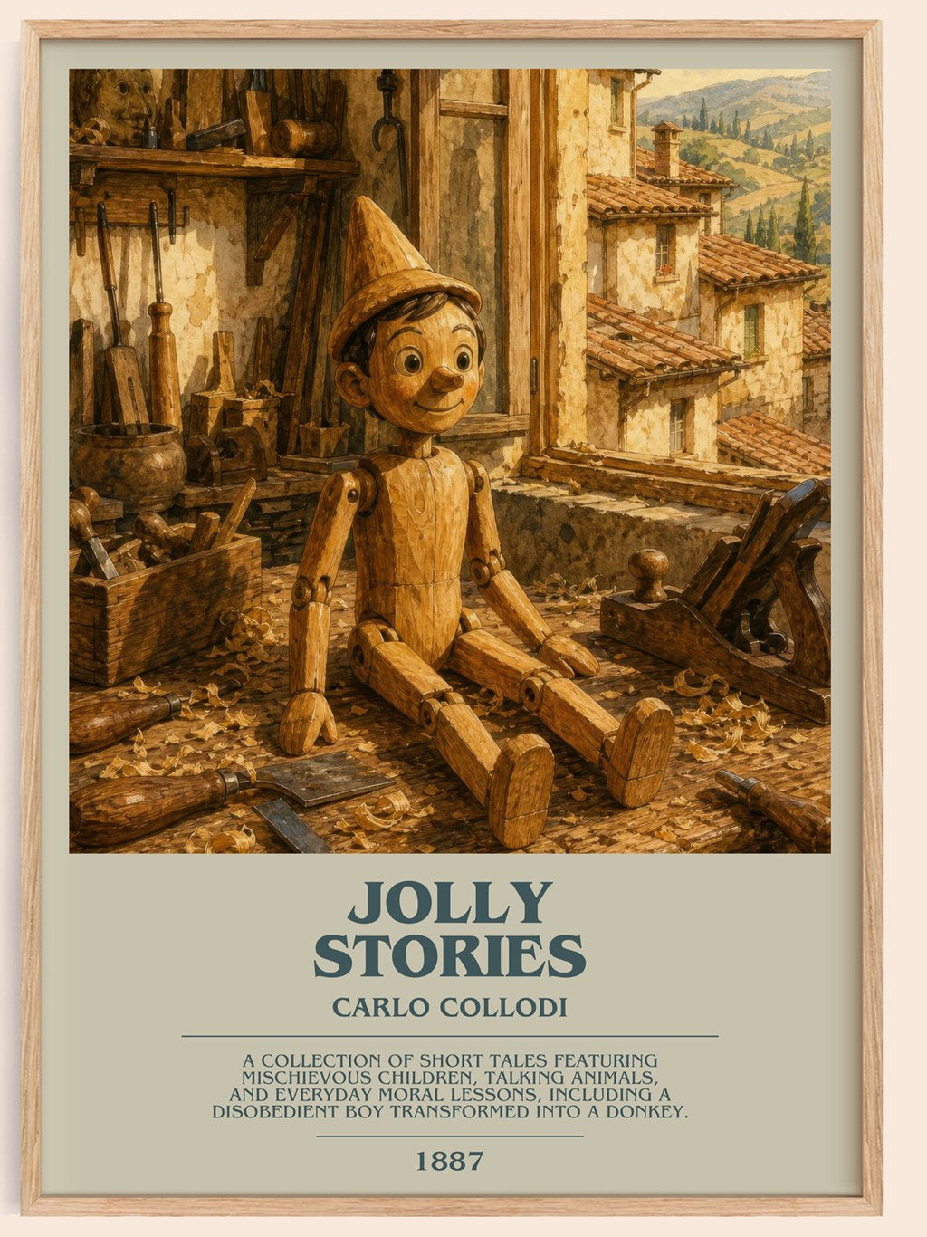 Jolly Stories bookish book poster by Carlo Collodi – framed literary art print