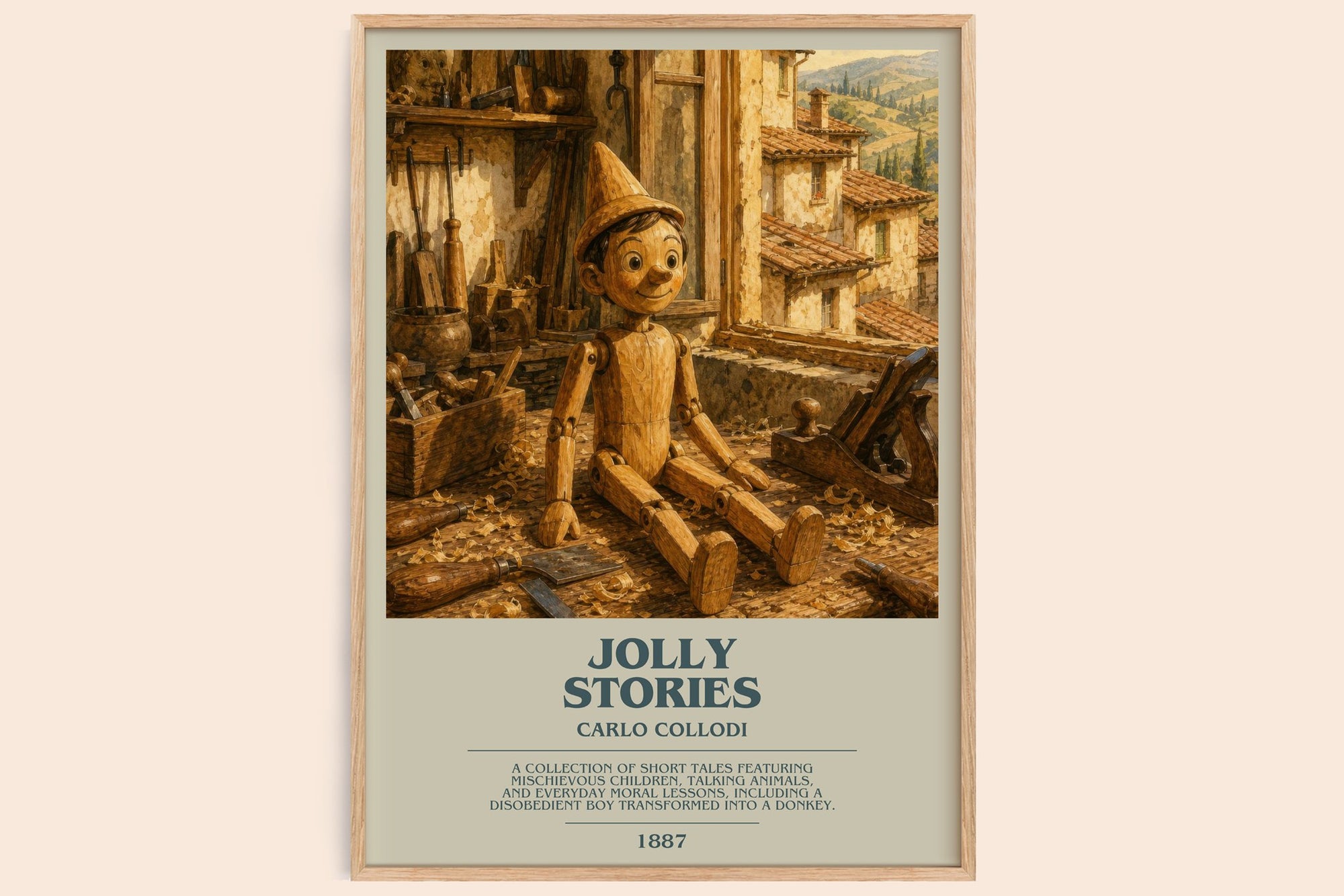 Jolly Stories bookish book poster by Carlo Collodi – framed literary art print