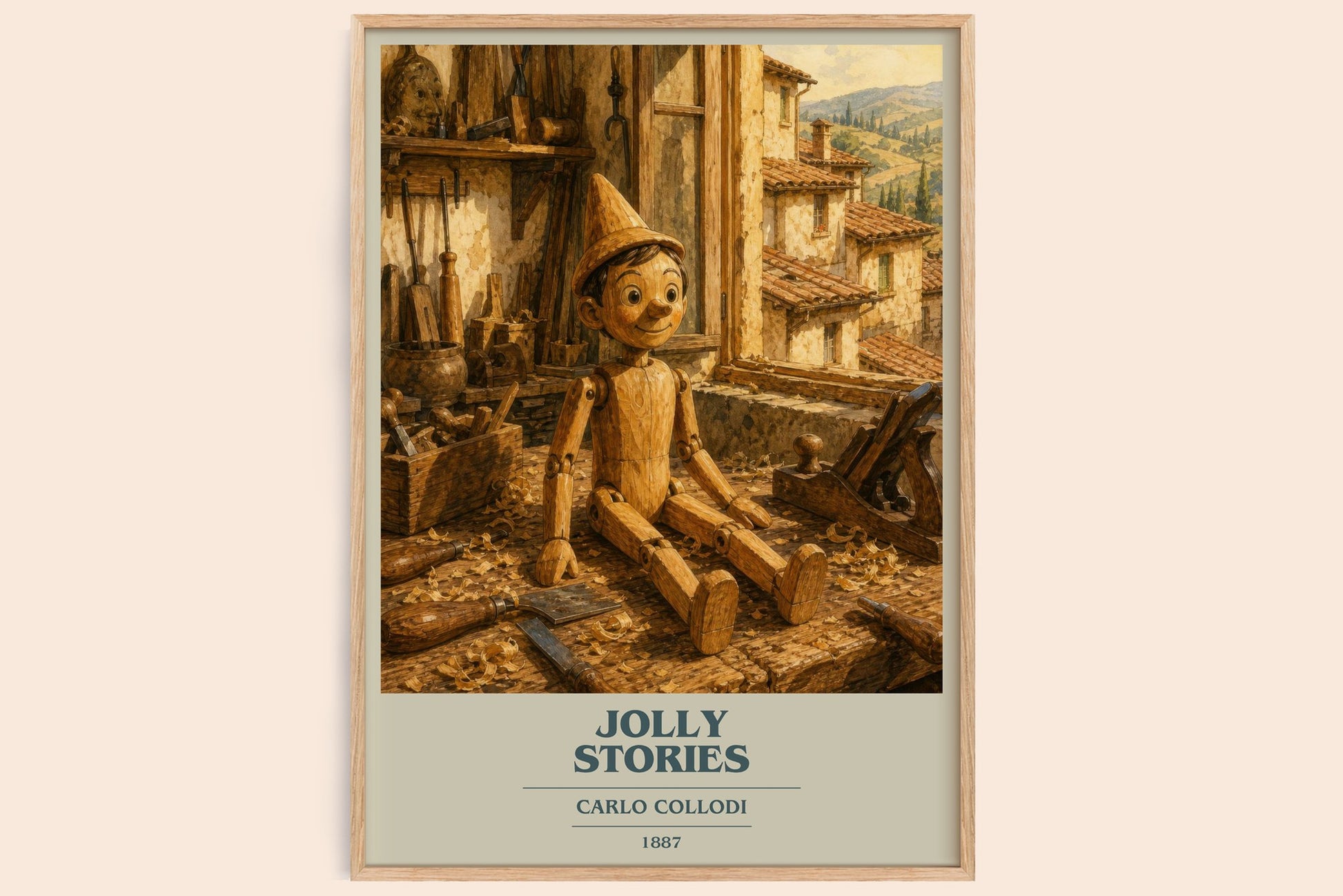 Jolly Stories book cover book poster by Carlo Collodi – framed literary art print