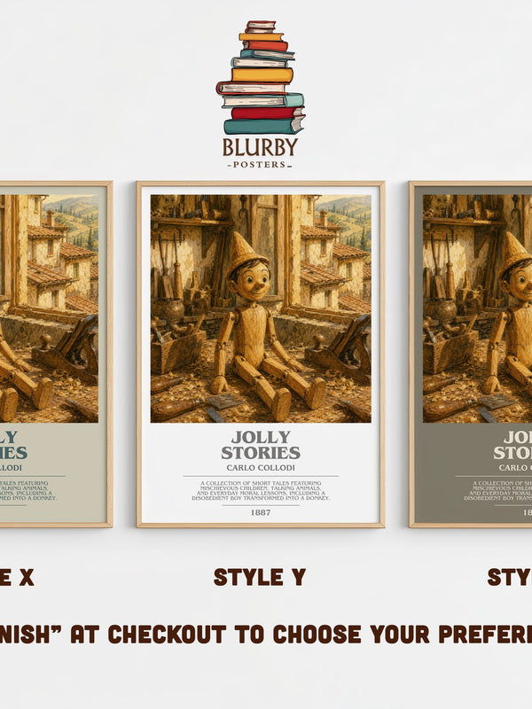 Jolly Stories bookish print in frame leaning in hallway – childrens wall art