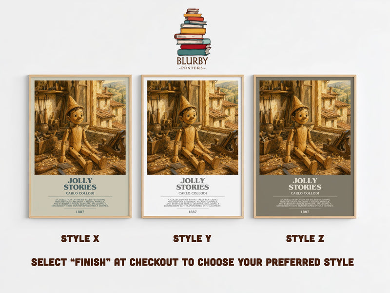 Jolly Stories bookish print in frame leaning in hallway – childrens wall art