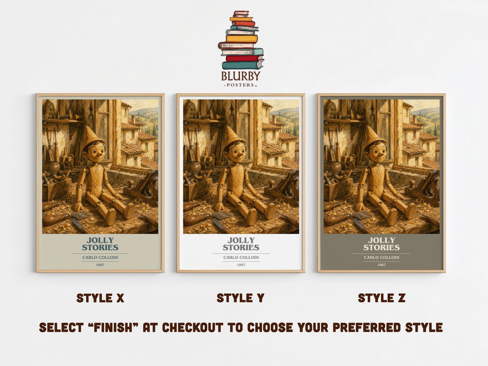 Jolly Stories book cover print in frame leaning in hallway – childrens wall art