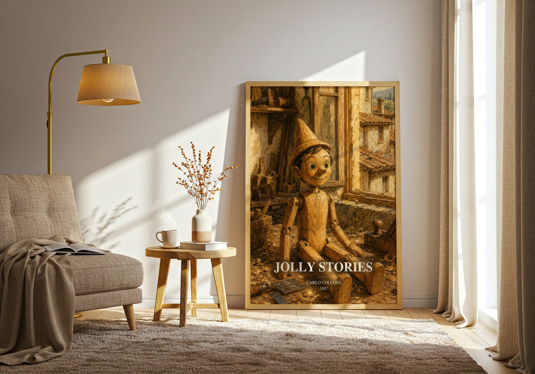 Jolly Stories watercolour print in frame leaning in hallway – childrens wall art (mockup)