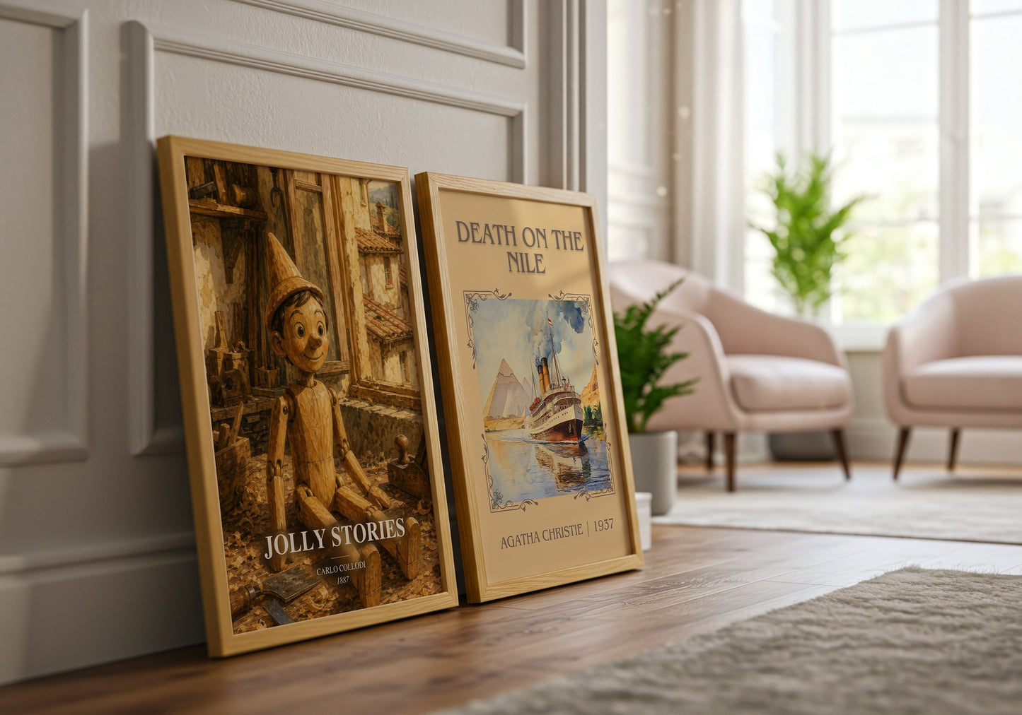 Jolly Stories watercolour print framed by window – literary home decor
