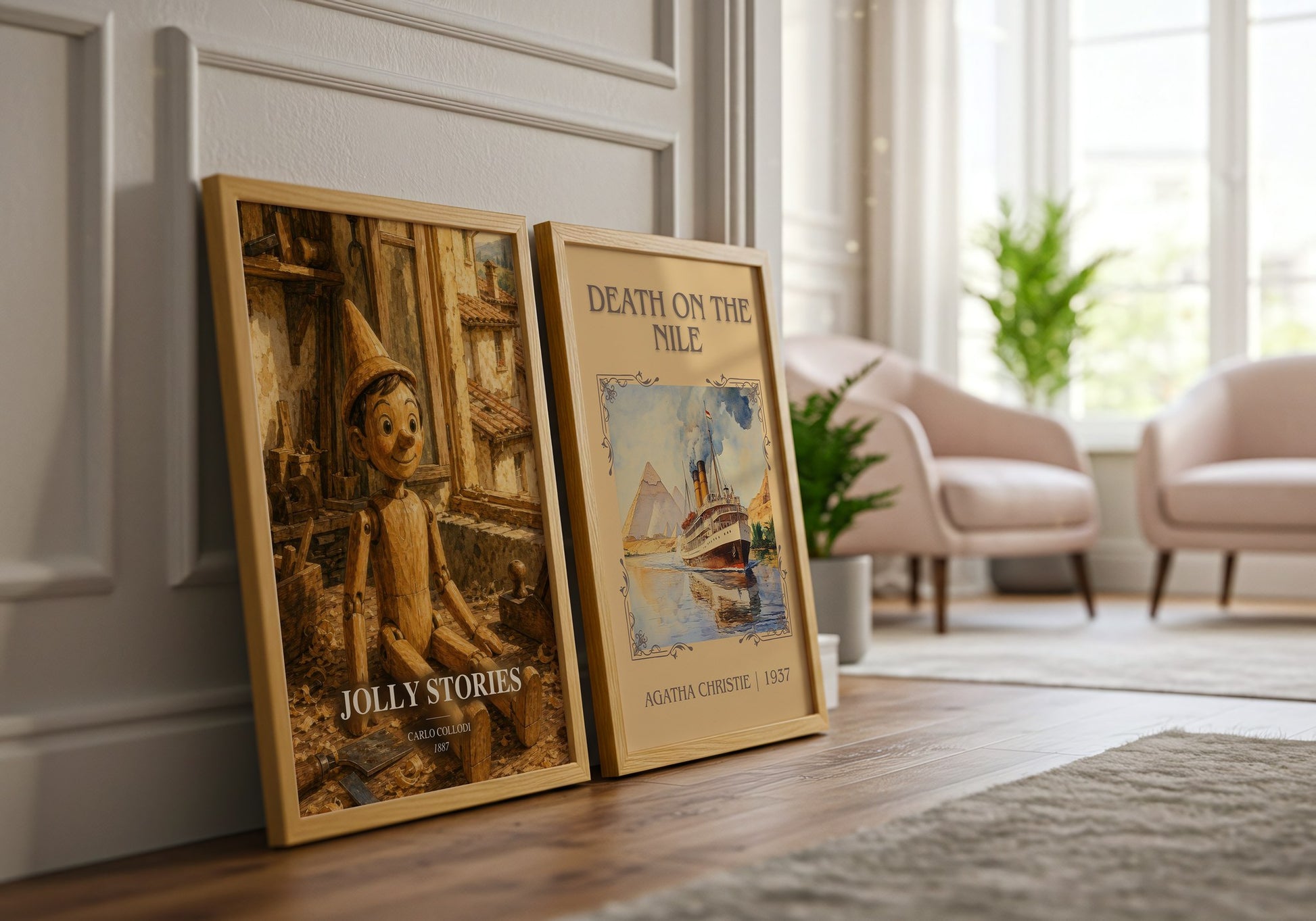 Jolly Stories watercolour print framed by window – literary home decor