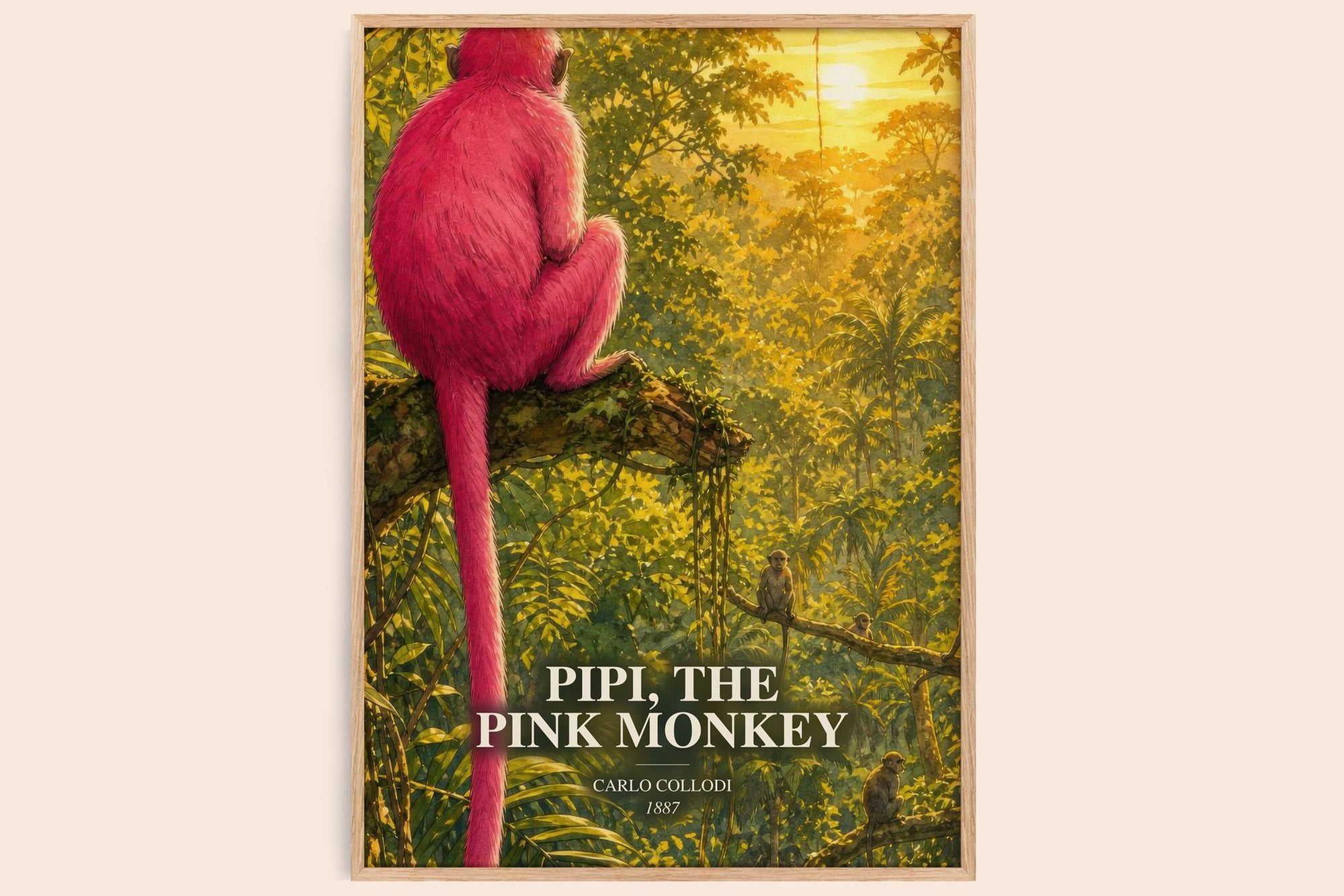 Pipi, The Pink Monkey watercolour book poster by Carlo Collodi – framed literary art print