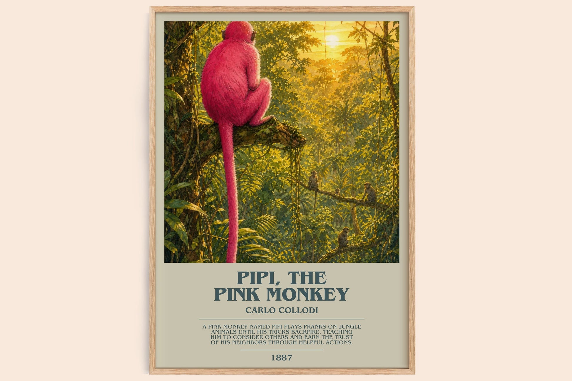 Pipi, The Pink Monkey bookish book poster by Carlo Collodi – framed literary art print