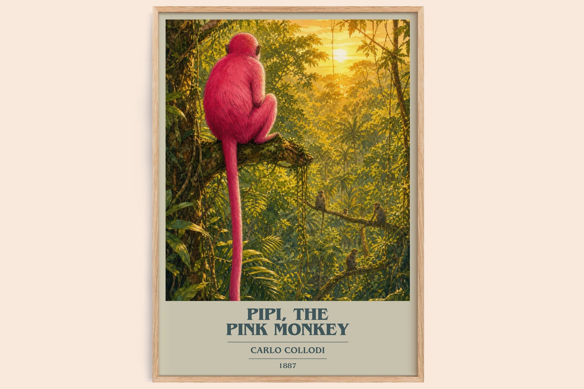 Pipi, The Pink Monkey book cover book poster by Carlo Collodi – framed literary art print
