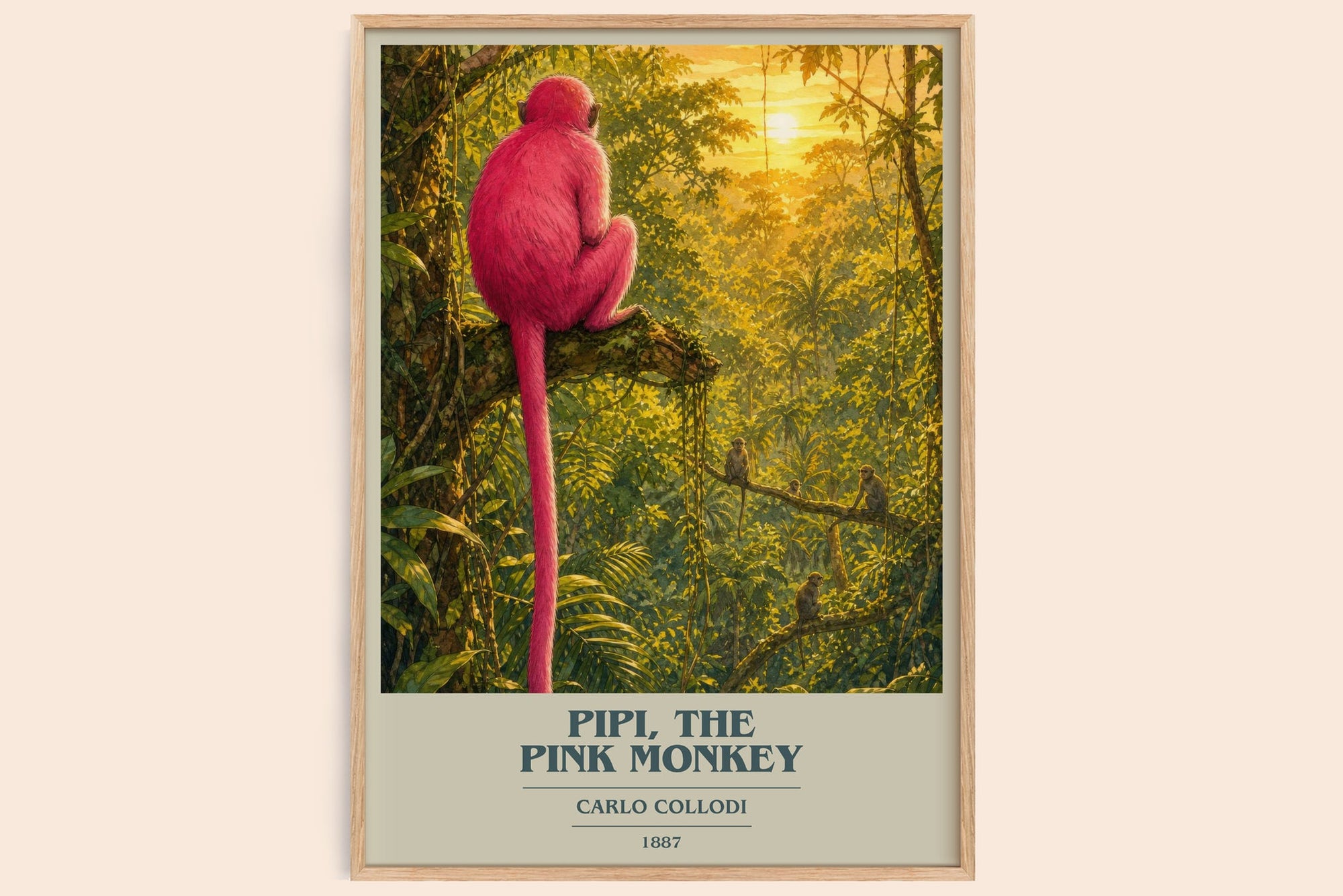 Pipi, The Pink Monkey book cover book poster by Carlo Collodi – framed literary art print