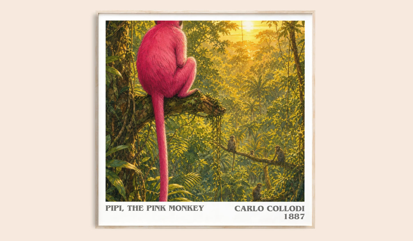 Pipi, The Pink Monkey literary book poster by Carlo Collodi – framed literary art print