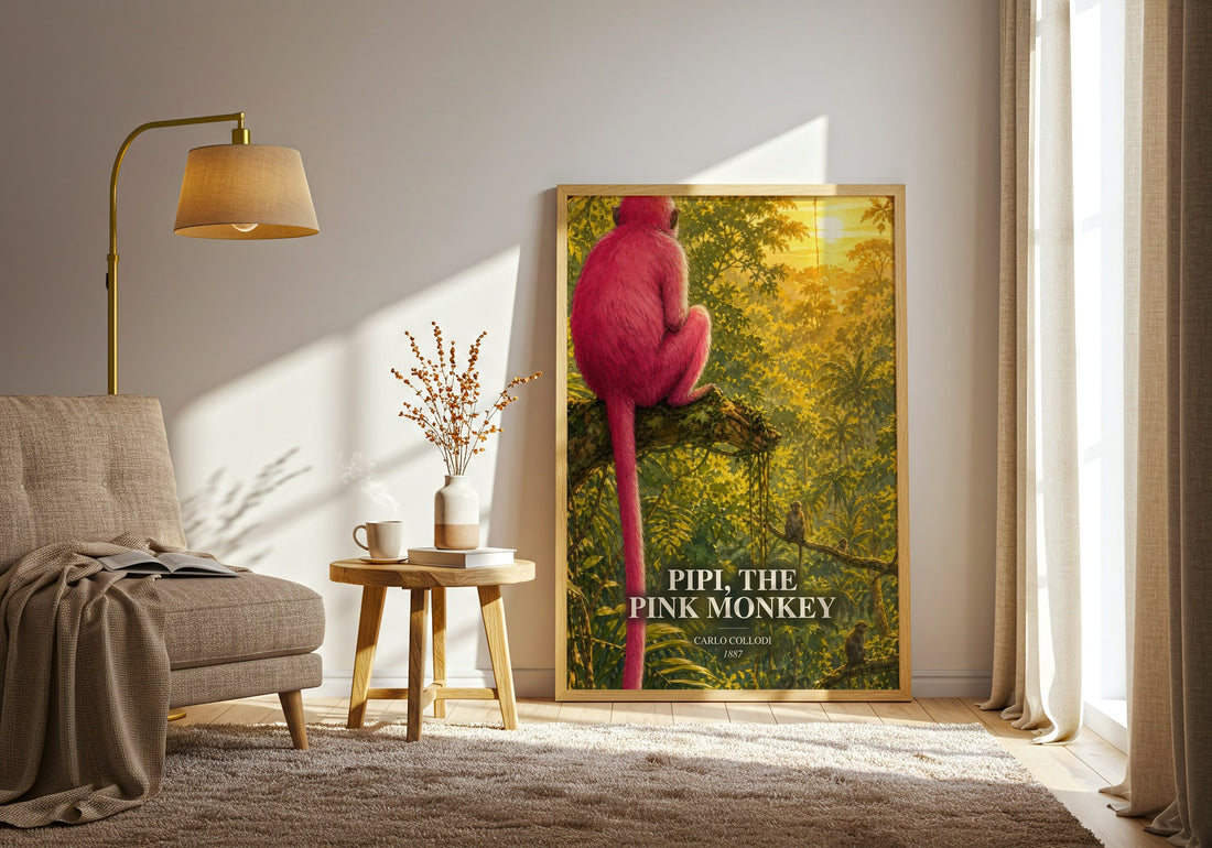 Pipi, The Pink Monkey watercolour print in frame leaning in hallway – childrens wall art (mockup)