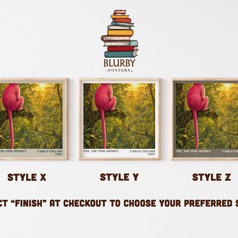 Pipi, The Pink Monkey literary print in frame leaning in hallway – childrens wall art