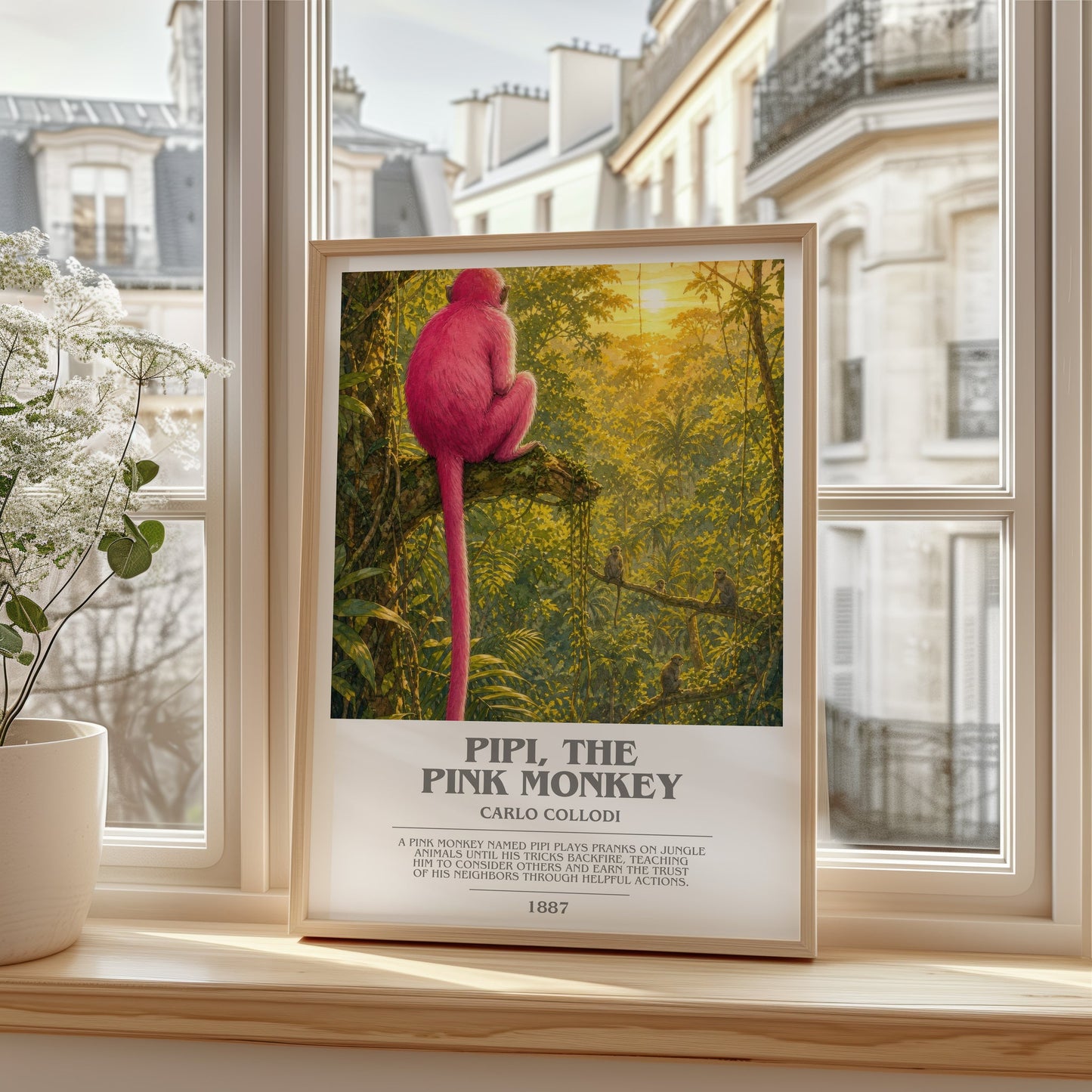 Pipi, The Pink Monkey bookish poster colour and style options – Carlo Collodi book art