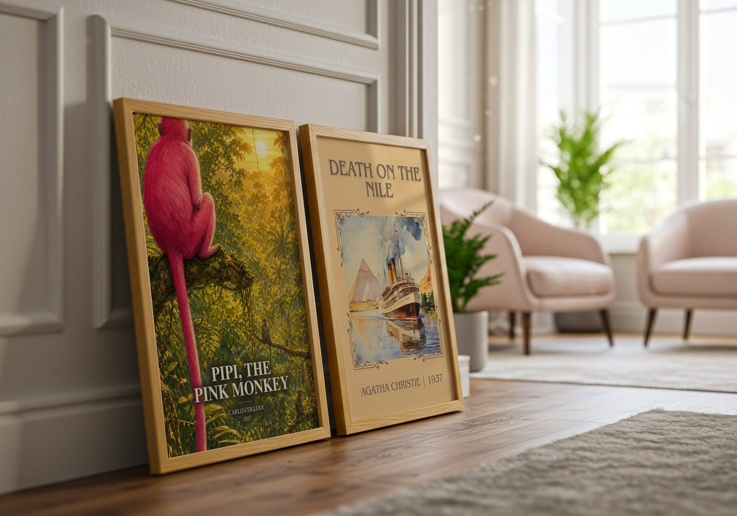Pipi, The Pink Monkey watercolour print framed by window – literary home decor