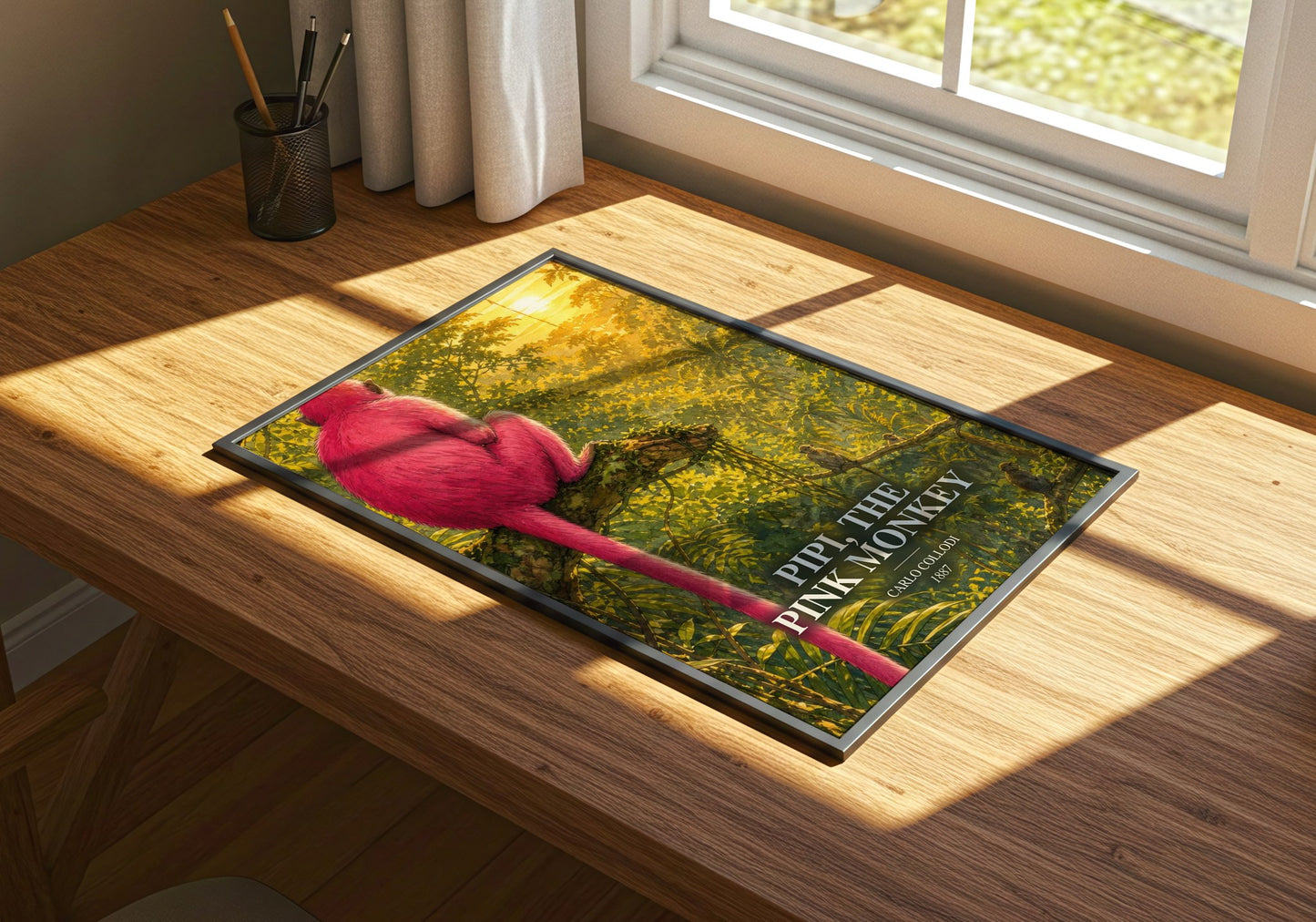 Pipi, The Pink Monkey watercolour book poster framed on wall – childrens wall art