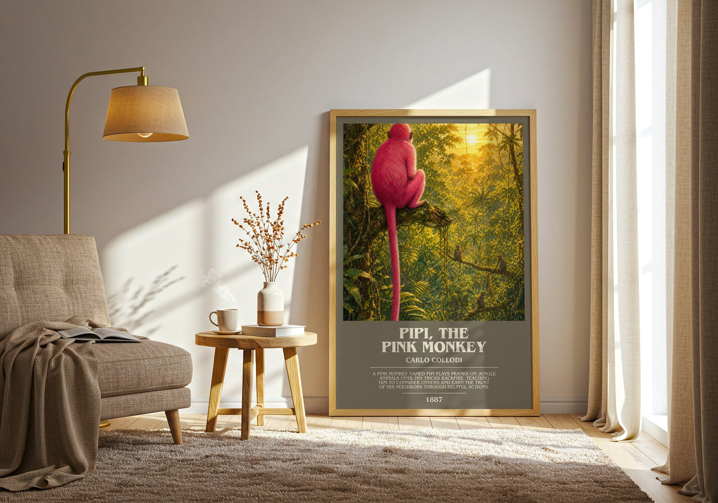 Pipi, The Pink Monkey bookish print on bookshelf – Carlo Collodi fan gift