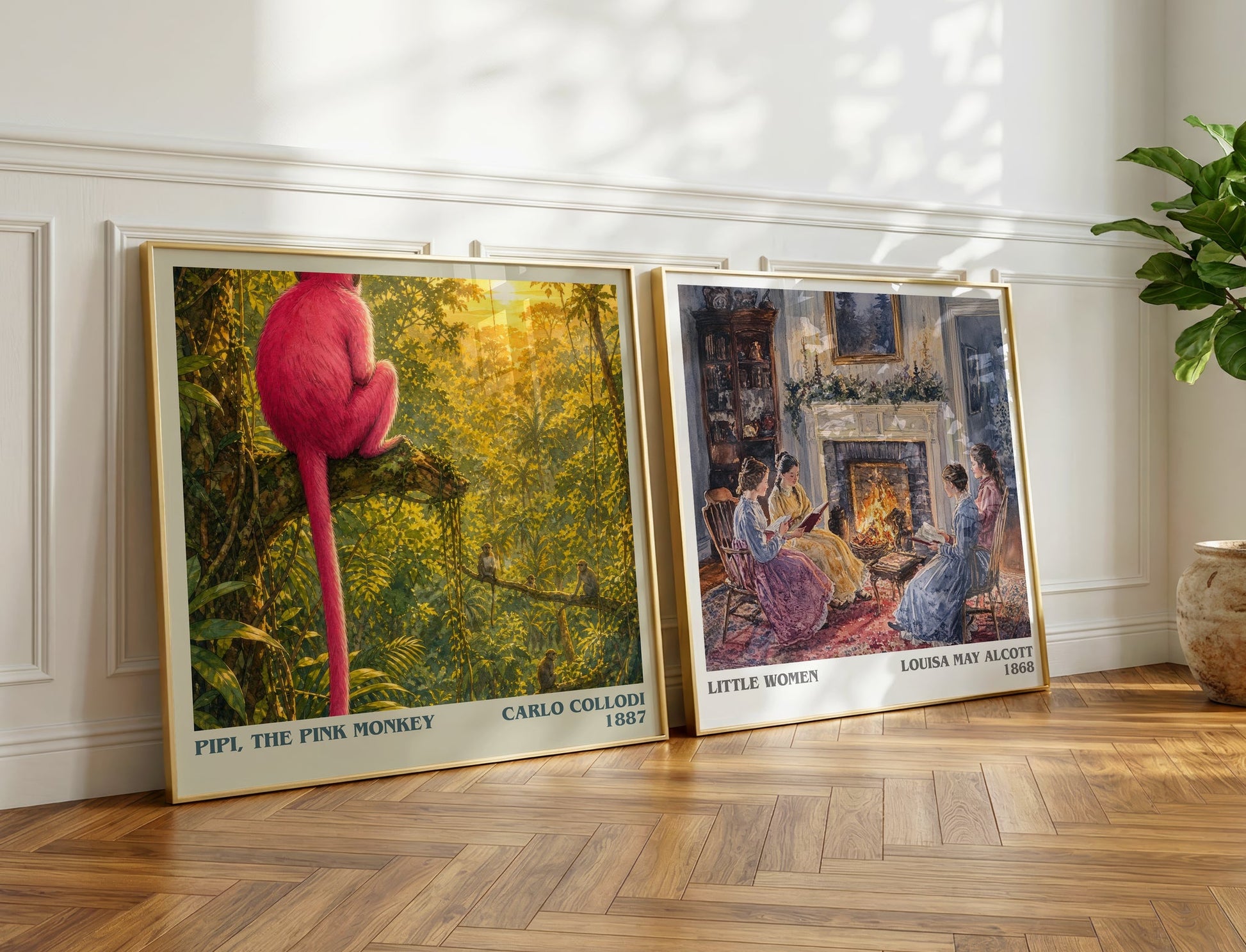 Pipi, The Pink Monkey literary print on bookshelf – Carlo Collodi fan gift