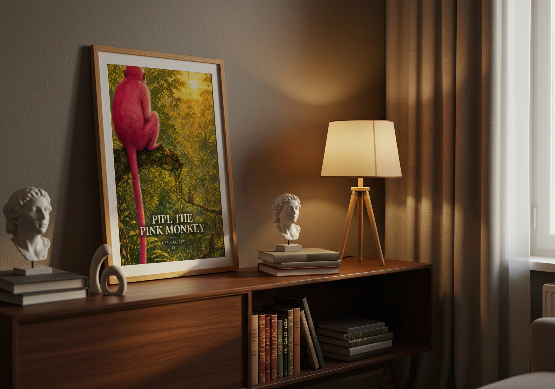 Pipi, The Pink Monkey watercolour print on bookshelf – Carlo Collodi fan gift