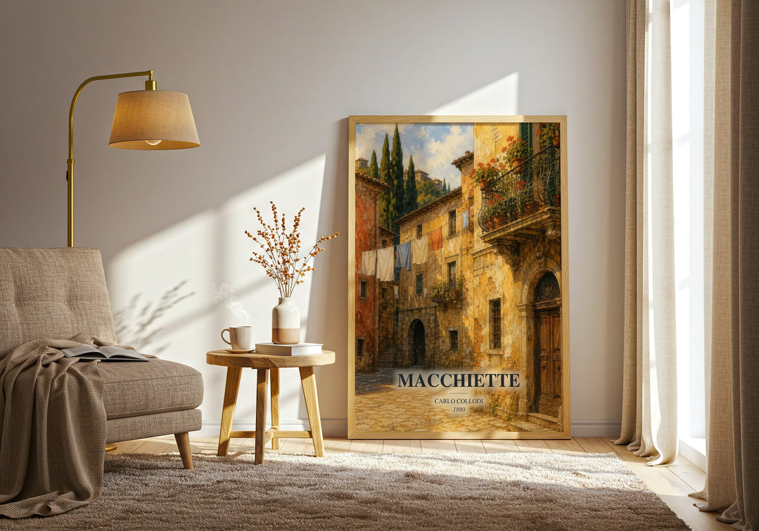 Macchiette watercolour print in frame leaning in hallway – classic literature wall art (mockup)