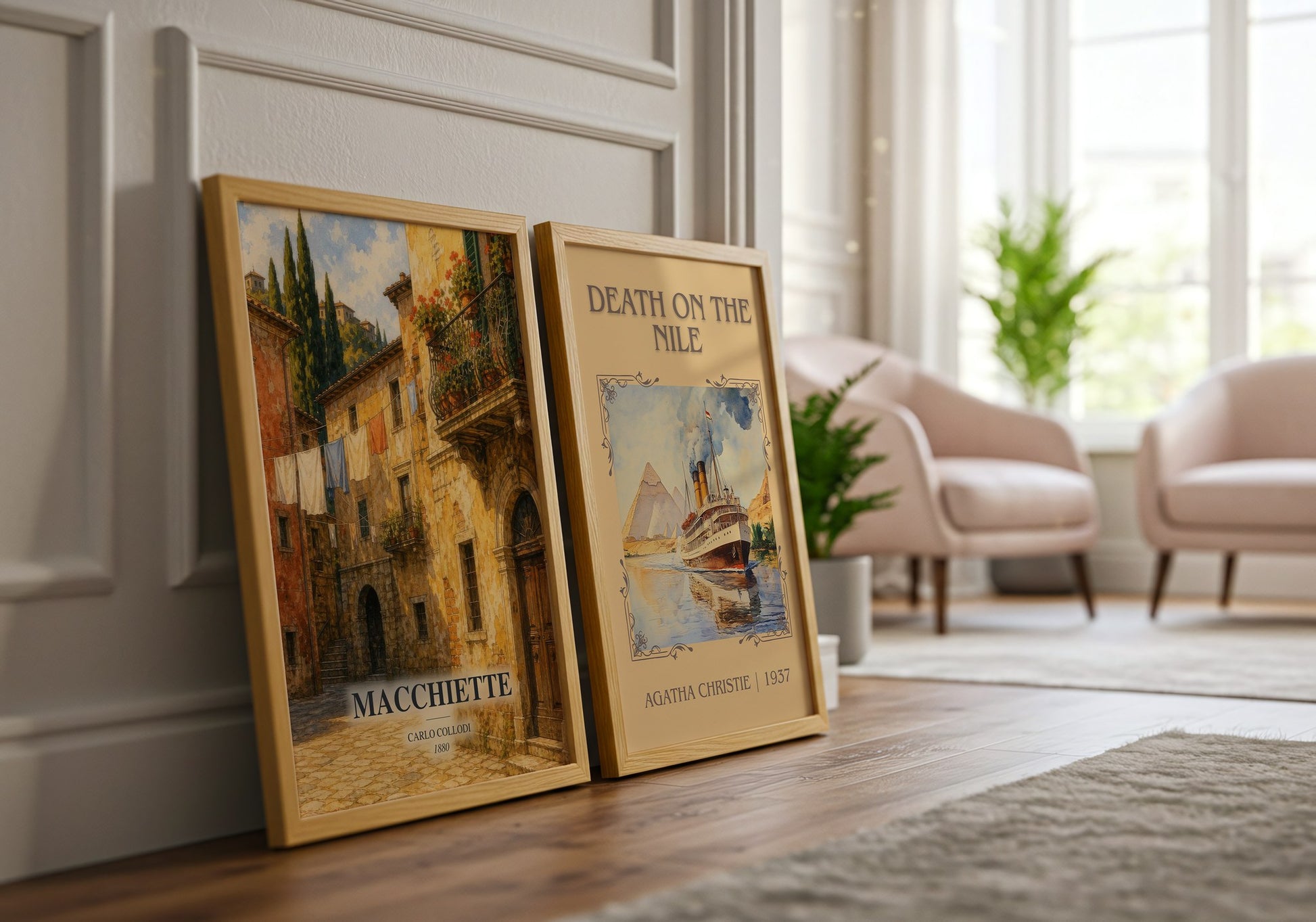 Macchiette watercolour print framed by window – literary home decor